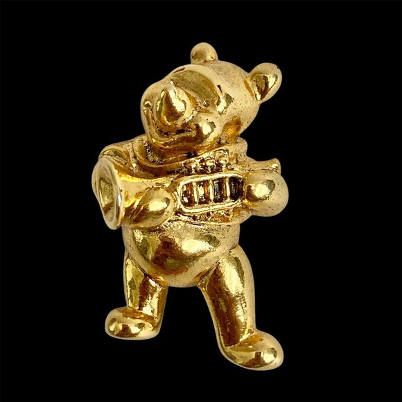 Vintage Disney Winnie The Pooh Brooch Pin Trumpet Gold Plated Disneyana Signed - Picture 1 of 10